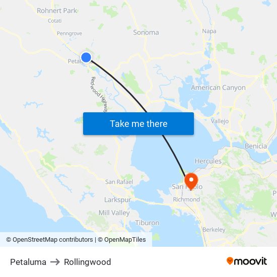 Petaluma to Rollingwood map