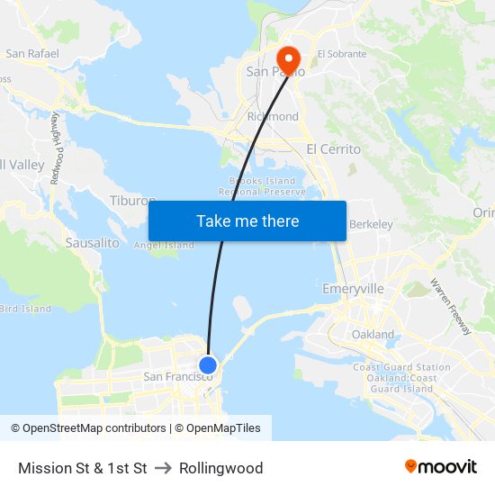 Mission St & 1st St to Rollingwood map