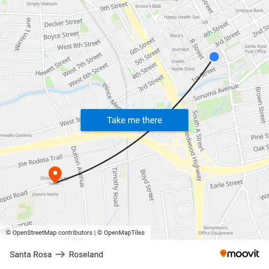 Santa Rosa to Roseland map