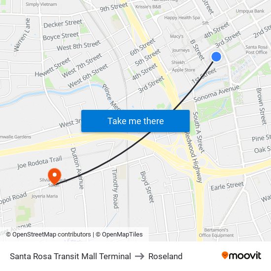 Santa Rosa Transit Mall Terminal to Roseland map