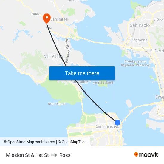 Mission St & 1st St to Ross map
