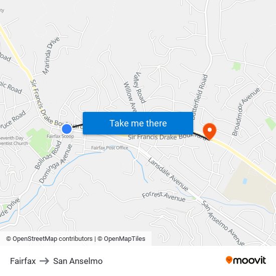 Fairfax to San Anselmo map