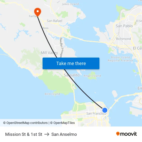 Mission St & 1st St to San Anselmo map