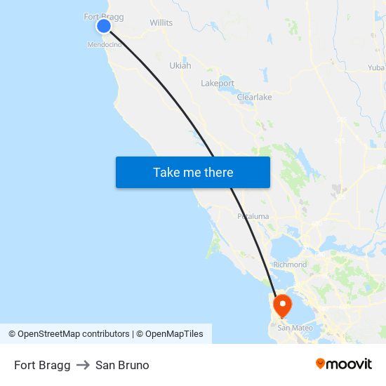 Fort Bragg to San Bruno map