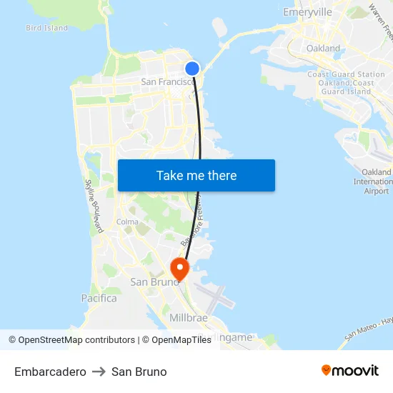 Embarcadero to San Bruno map