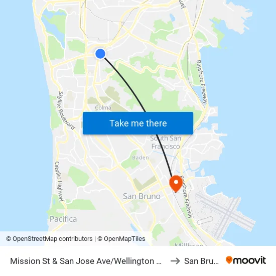 Mission St & San Jose Ave/Wellington Ave to San Bruno map