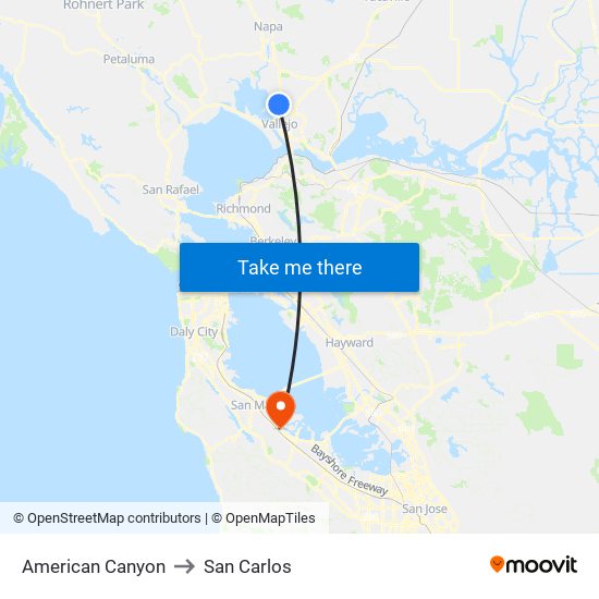 American Canyon to San Carlos map