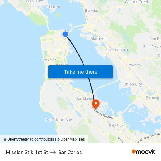 Mission St & 1st St to San Carlos map