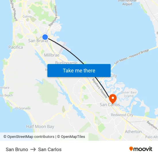 San Bruno to San Carlos map