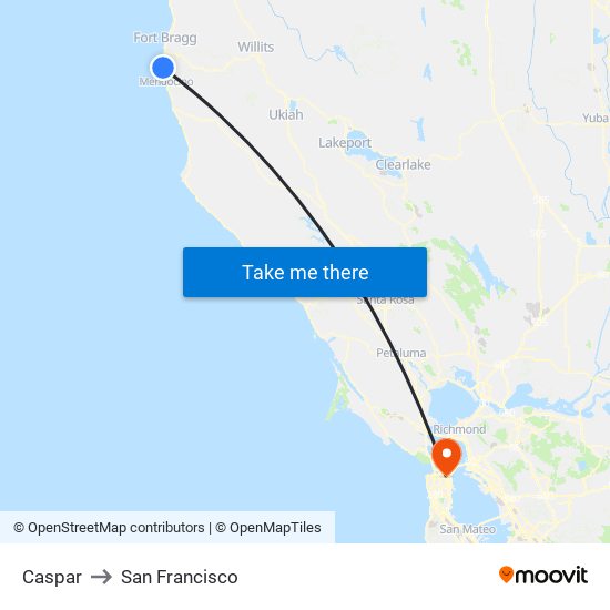 Caspar to San Francisco map