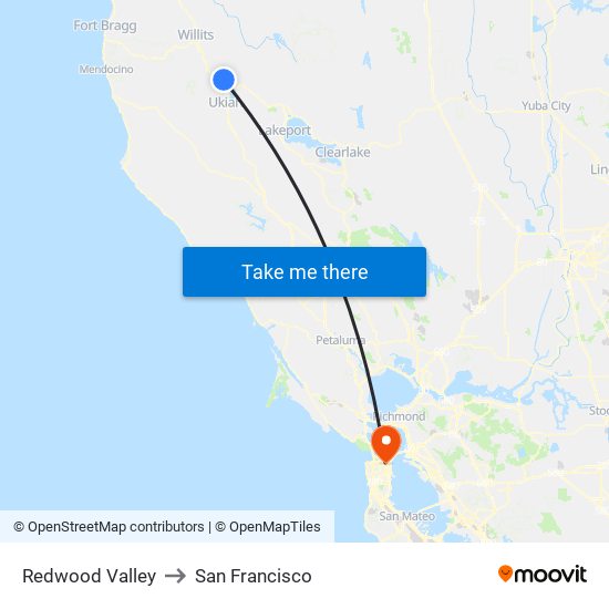 Redwood Valley to San Francisco map