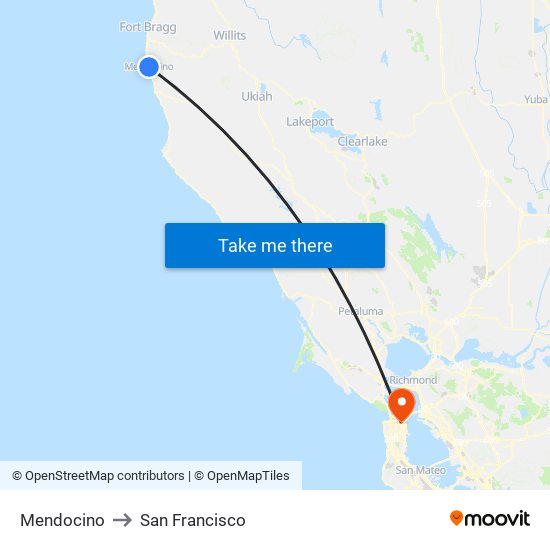 Mendocino to San Francisco map