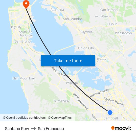 Santana Row to San Francisco map
