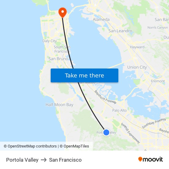 Portola Valley to San Francisco map