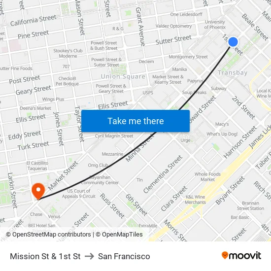 Mission St & 1st St to San Francisco map