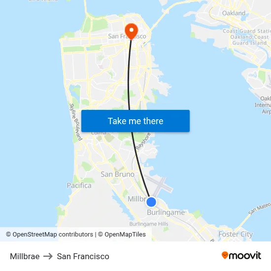 Millbrae to San Francisco map
