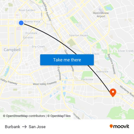 Burbank to San Jose map