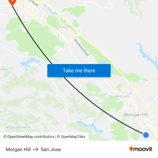 Morgan Hill to San Jose map