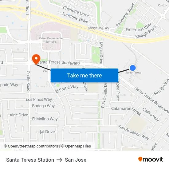Santa Teresa Station to San Jose map