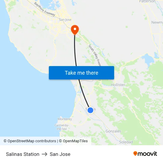 Salinas Station to San Jose map