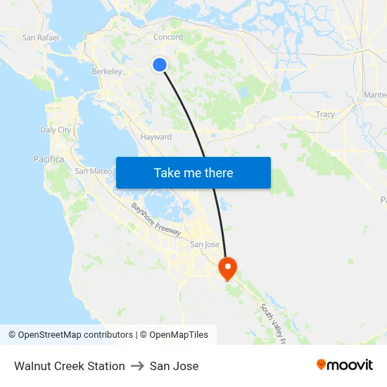 Walnut Creek Station to San Jose map