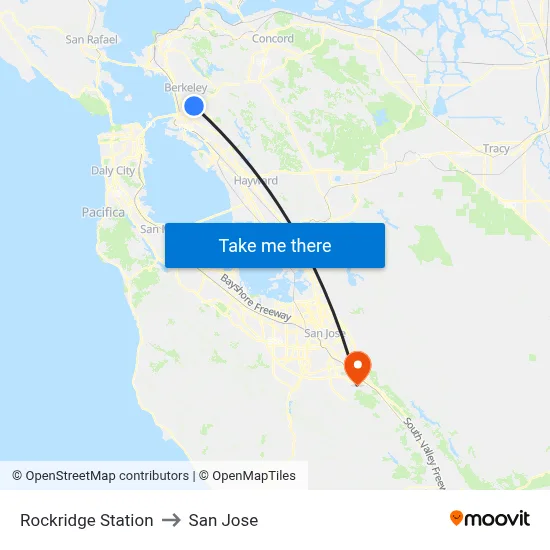 Rockridge Station to San Jose map
