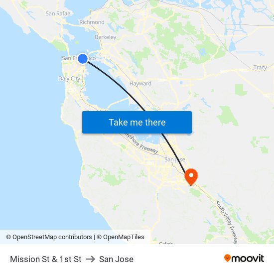 Mission St & 1st St to San Jose map