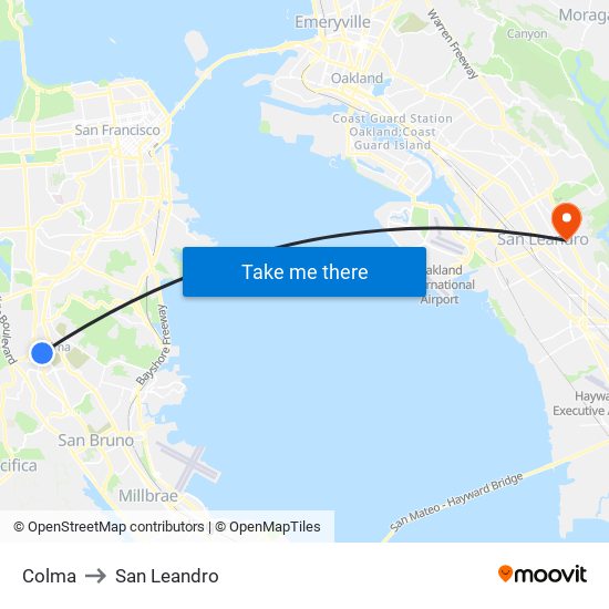 Colma to San Leandro map