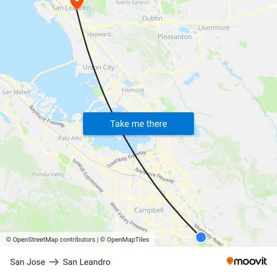 San Jose to San Leandro map