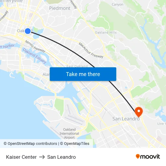 Kaiser Center to San Leandro map