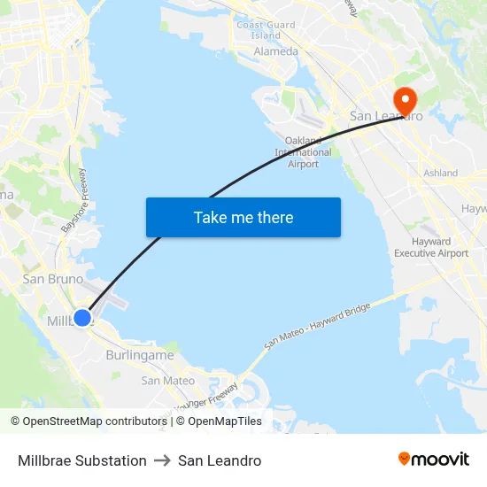 Millbrae Substation to San Leandro map