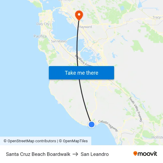 Santa Cruz Beach Boardwalk to San Leandro map