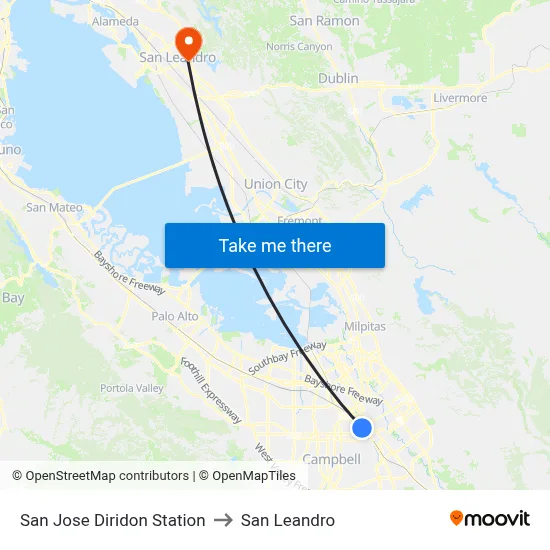 San Jose Diridon Station to San Leandro map