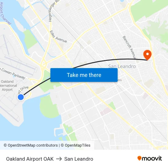 Oakland Airport OAK to San Leandro map