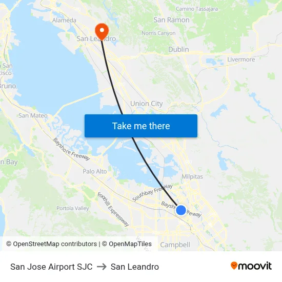 San Jose Airport SJC to San Leandro map