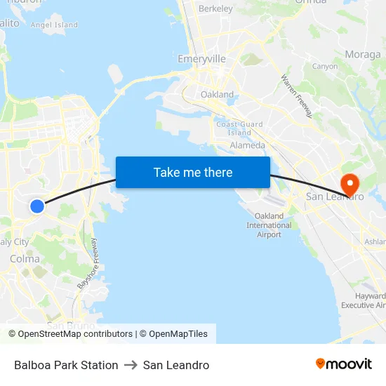 Balboa Park Station to San Leandro map