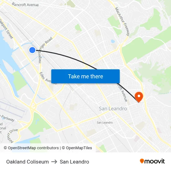Oakland Coliseum to San Leandro map