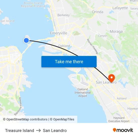 Treasure Island to San Leandro map