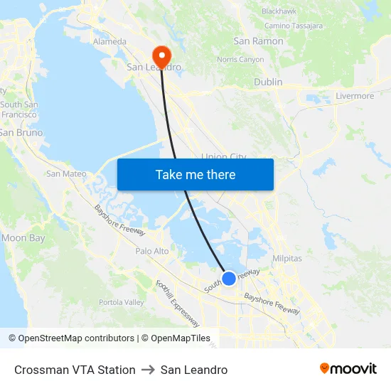 Crossman VTA Station to San Leandro map