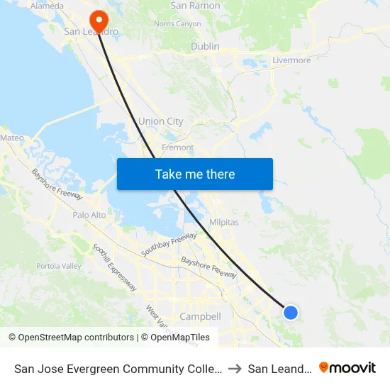 San Jose Evergreen Community College to San Leandro map