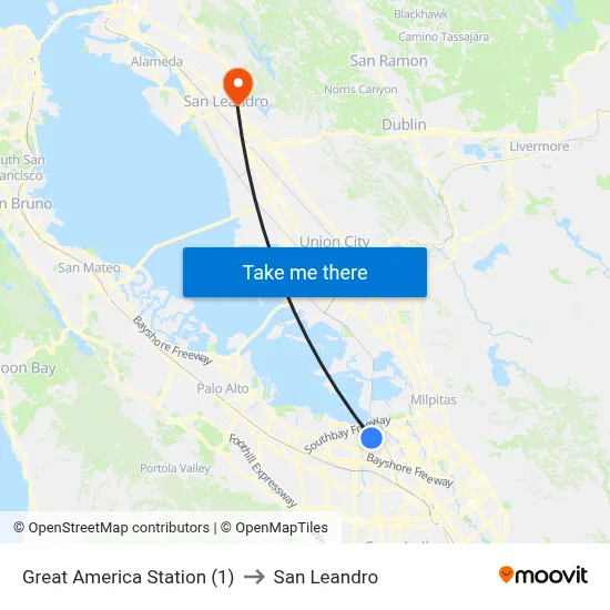 Great America Station (1) to San Leandro map