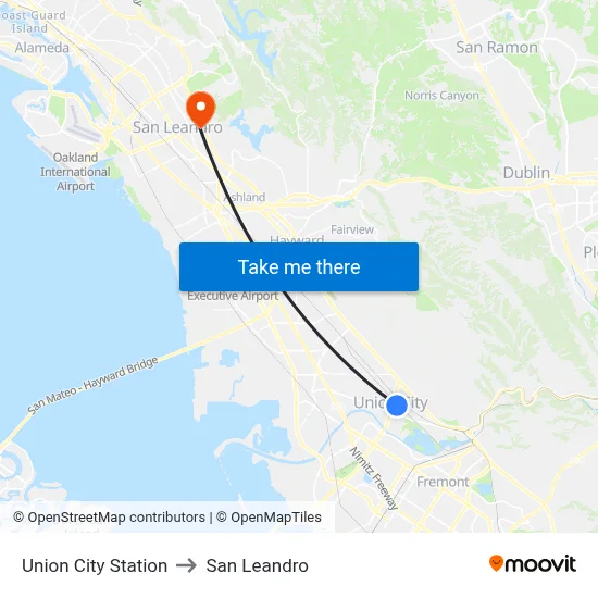 Union City Station to San Leandro map
