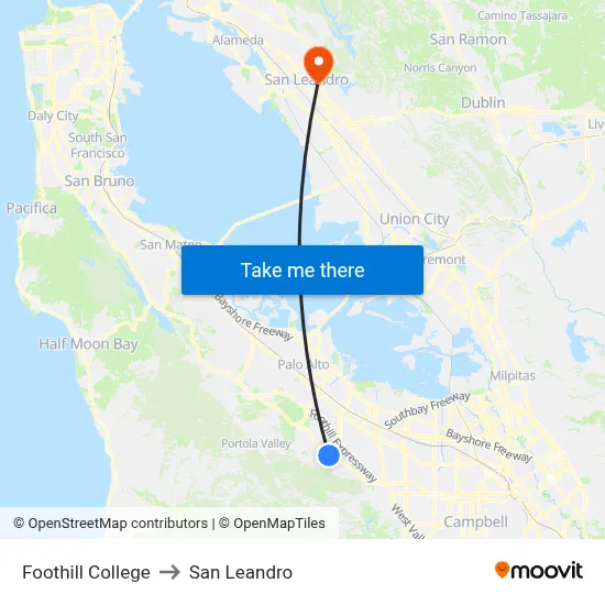 Foothill College to San Leandro map