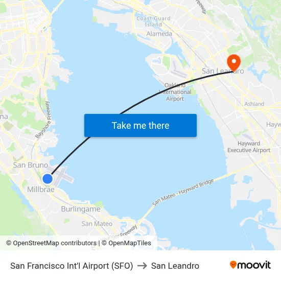 San Francisco Int'l Airport (SFO) to San Leandro map