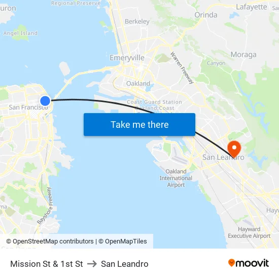 Mission St & 1st St to San Leandro map
