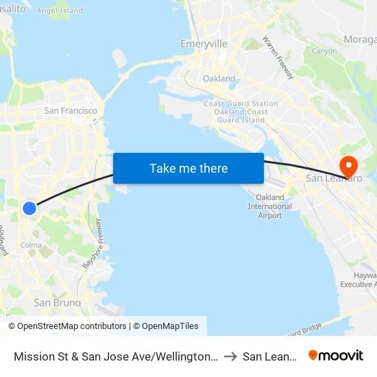 Mission St & San Jose Ave/Wellington Ave to San Leandro map