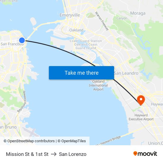 Mission St & 1st St to San Lorenzo map