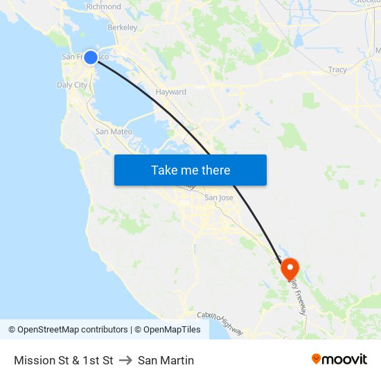 Mission St & 1st St to San Martin map