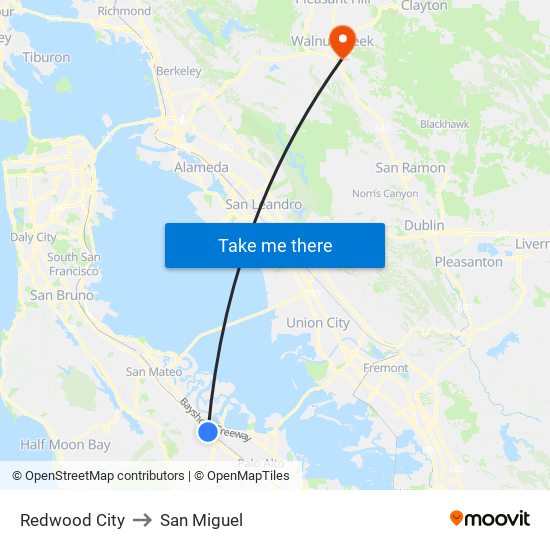 Redwood City to San Miguel map