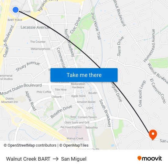 Walnut Creek BART to San Miguel map